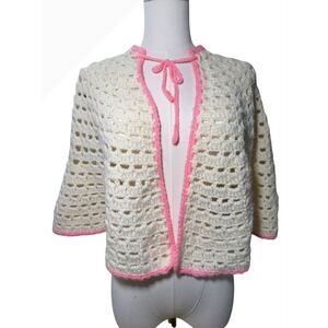 Pink Trimmed Cream Crochet Poncho